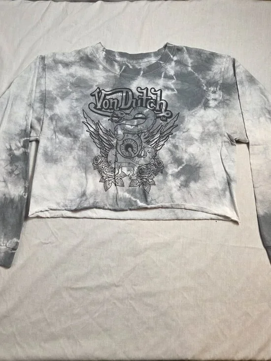 Von Dutch Tie Dyed Gray Long Sleeve Cropped T shirt Medium - Picture 3 of 8